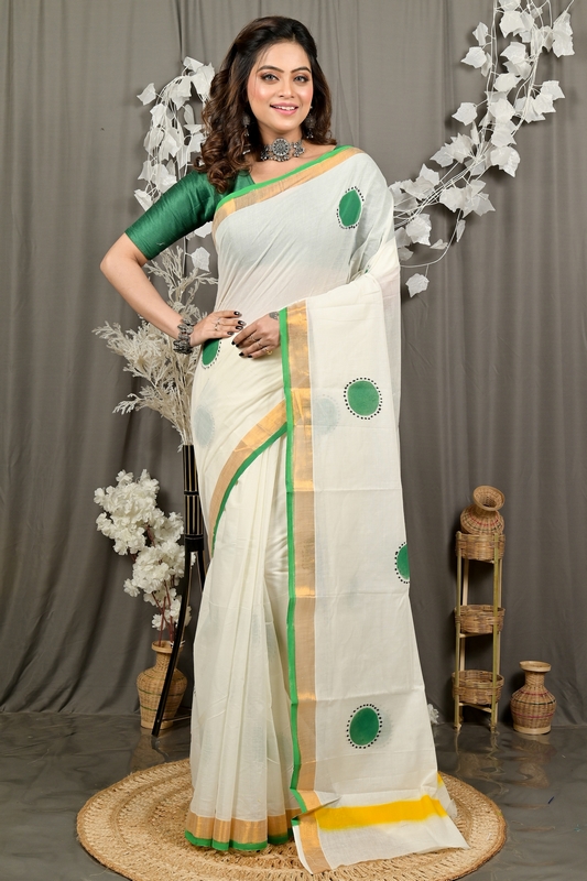 Multi-Coloured Pure Cotton Hataka Hand Painted Saree (9095)