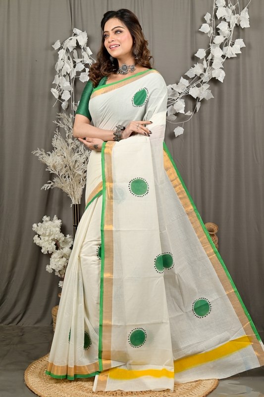 Multi-Coloured Pure Cotton Hataka Hand Painted Saree (9095)