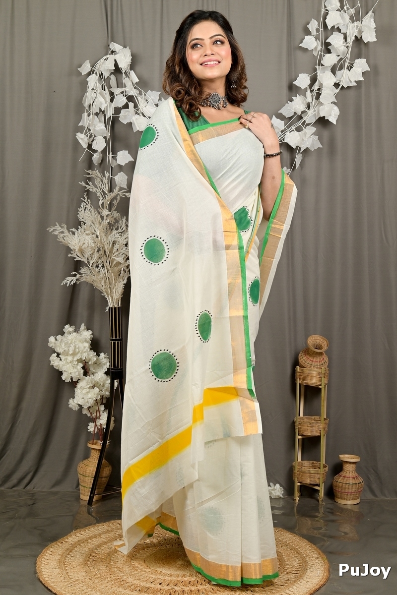 Multi-Coloured Pure Cotton Hataka Hand Painted Saree (9095)