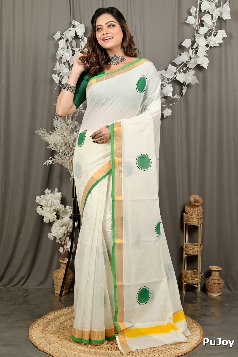 Multi-Coloured Pure Cotton Hataka Hand Painted Saree (9095)