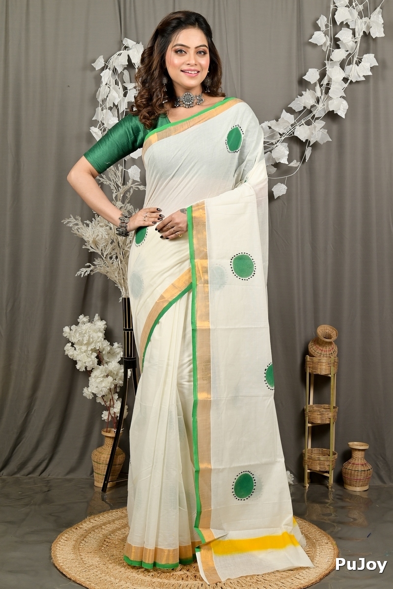 Multi-Coloured Pure Cotton Hataka Hand Painted Saree (9095)