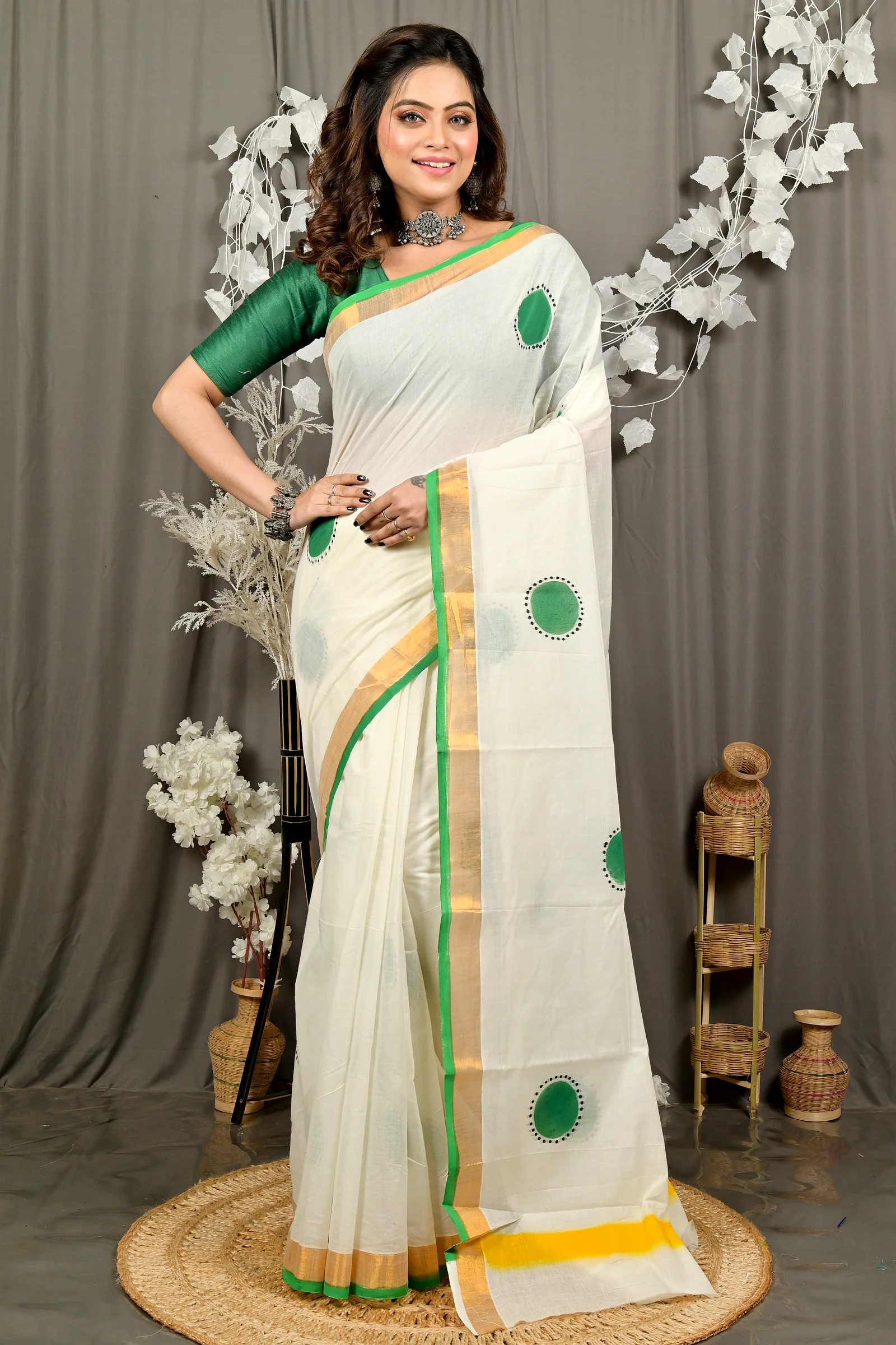 Multi-Coloured Pure Cotton Hataka Hand Painted Saree (9095)