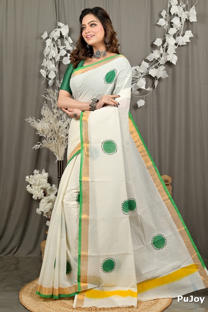 Multi-Coloured Pure Cotton Hataka Hand Painted Saree (9095)