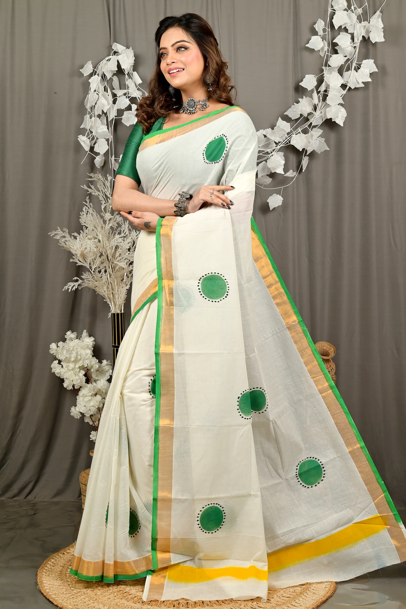 Multi-Coloured Pure Cotton Hataka Hand Painted Saree (9095)