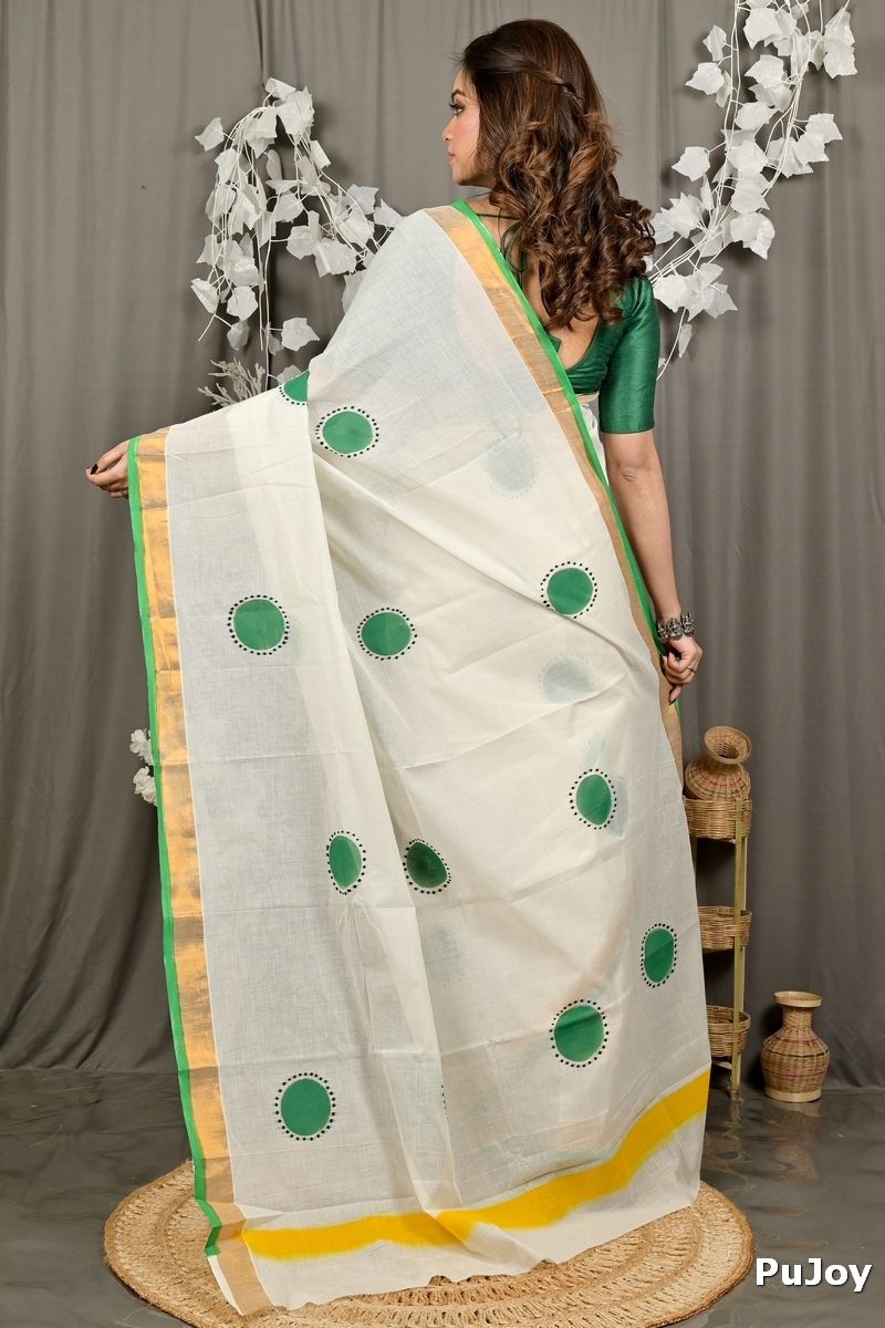 Multi-Coloured Pure Cotton Hataka Hand Painted Saree (9095)