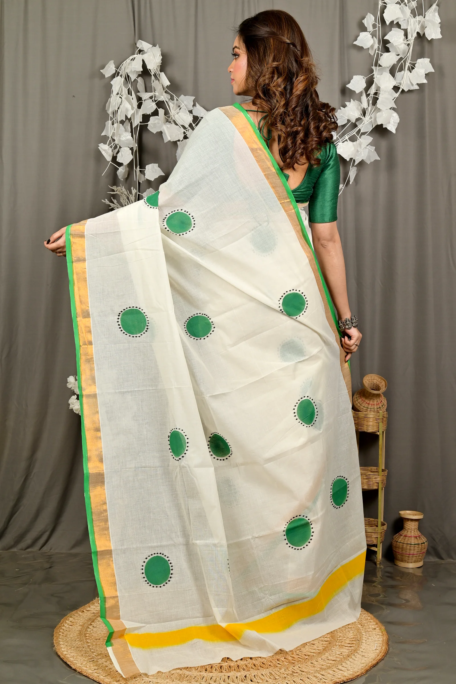 Multi-Coloured Pure Cotton Hataka Hand Painted Saree (9095)