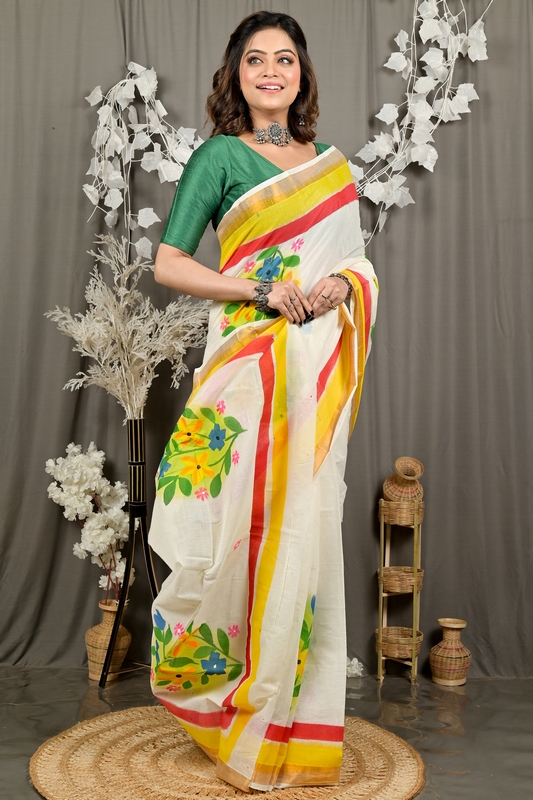Multi-Coloured Pure Cotton Hataka Hand Painted Saree (9096)
