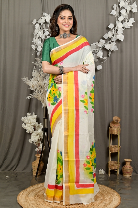 Multi-Coloured Pure Cotton Hataka Hand Painted Saree (9096)