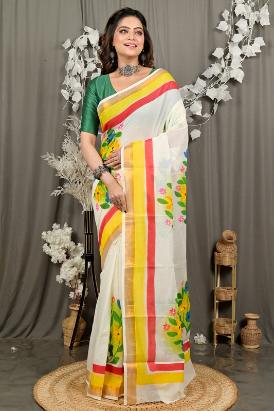 Multi-Coloured Pure Cotton Hataka Hand Painted Saree (9096)
