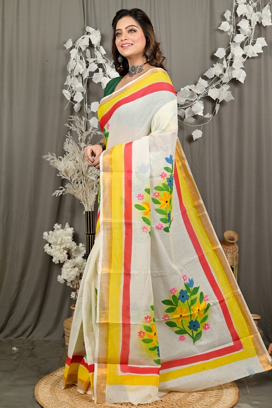 Multi-Coloured Pure Cotton Hataka Hand Painted Saree (9096)