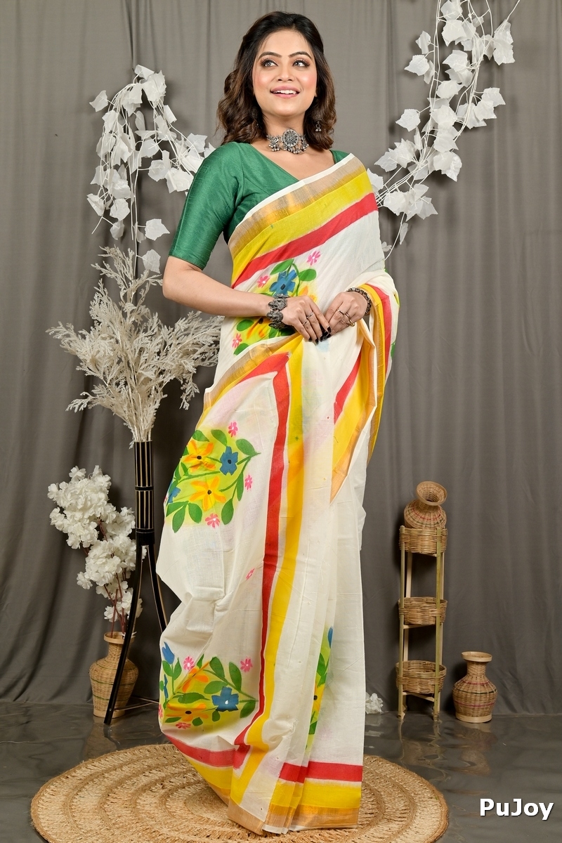 Multi-Coloured Pure Cotton Hataka Hand Painted Saree (9096)