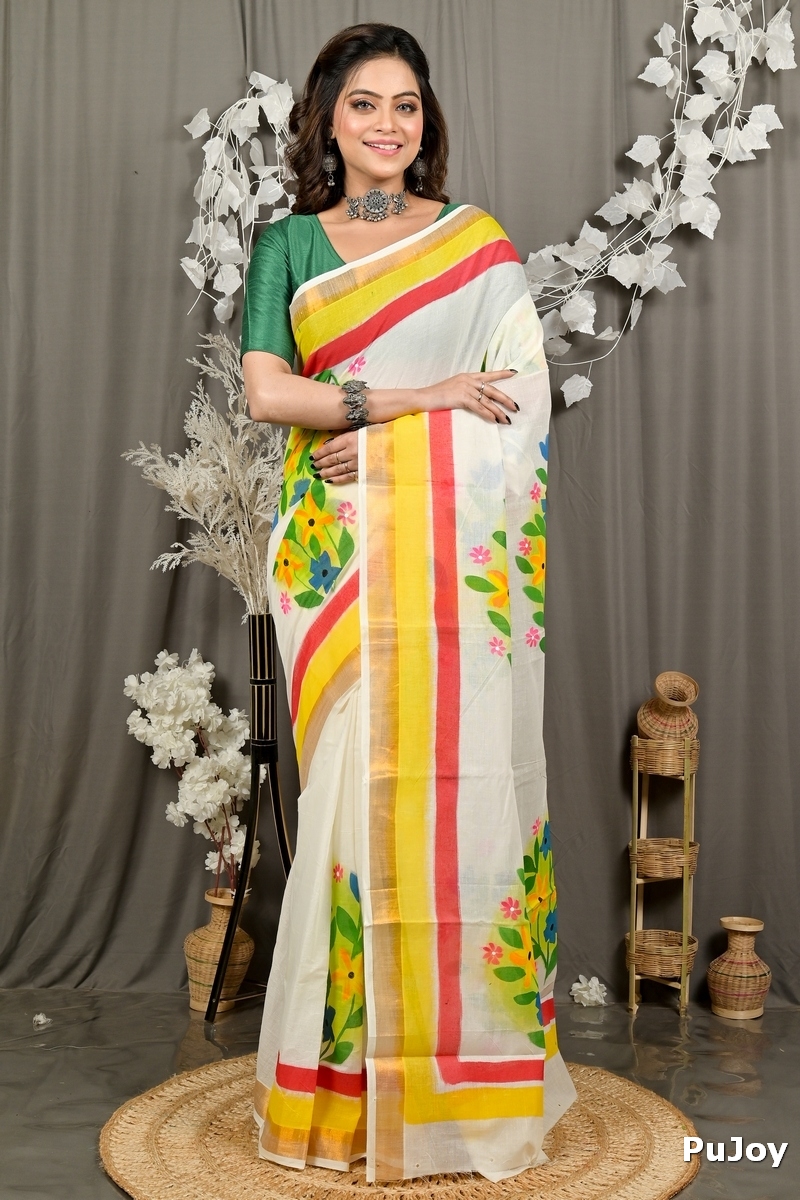 Multi-Coloured Pure Cotton Hataka Hand Painted Saree (9096)
