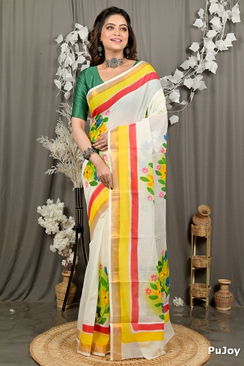 Multi-Coloured Pure Cotton Hataka Hand Painted Saree (9096)