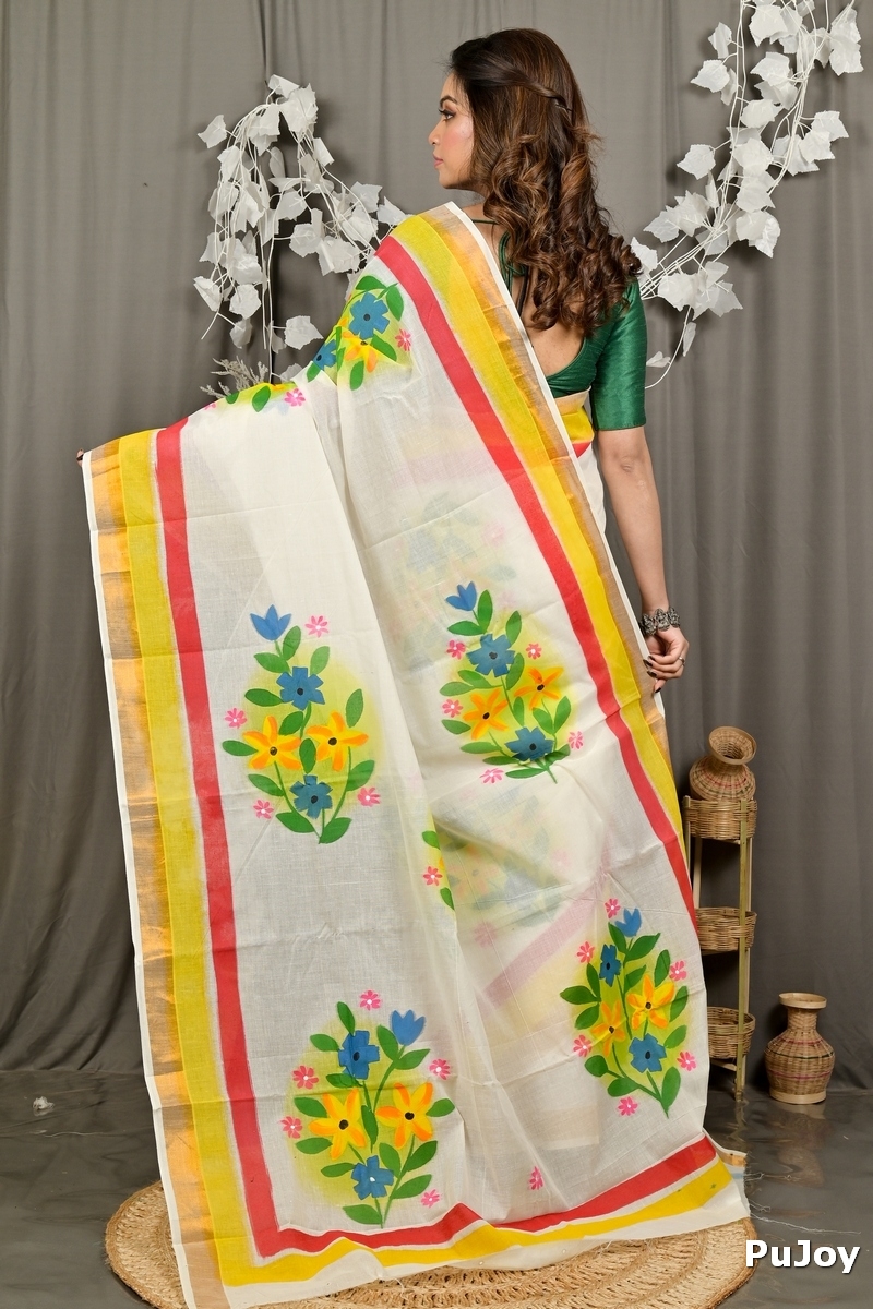 Multi-Coloured Pure Cotton Hataka Hand Painted Saree (9096)