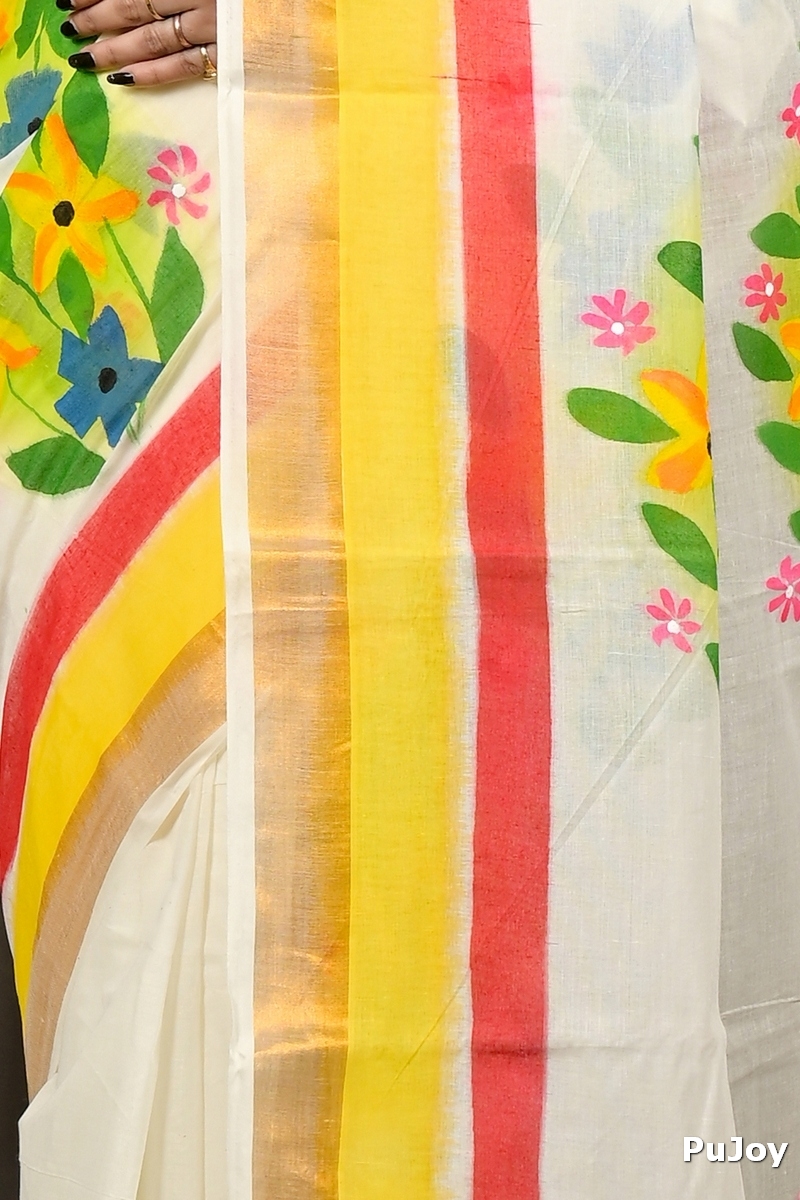 Multi-Coloured Pure Cotton Hataka Hand Painted Saree (9096)