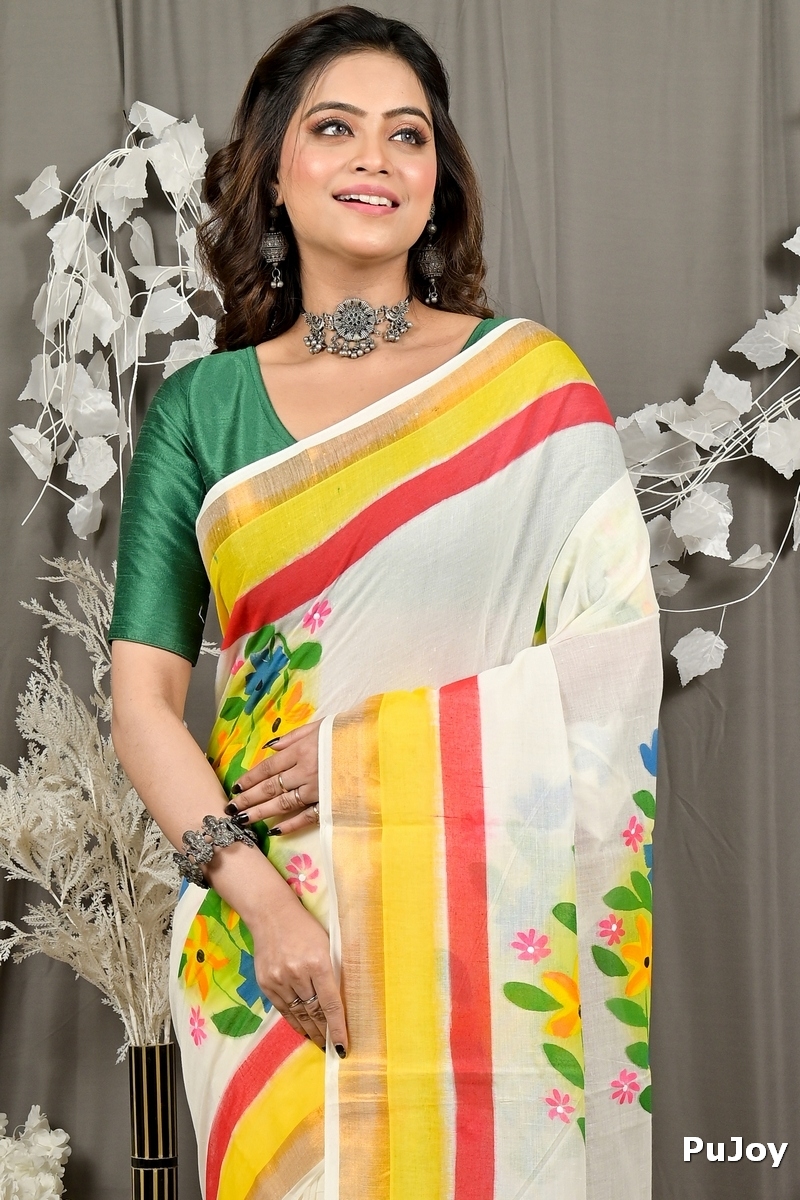 Multi-Coloured Pure Cotton Hataka Hand Painted Saree (9096)