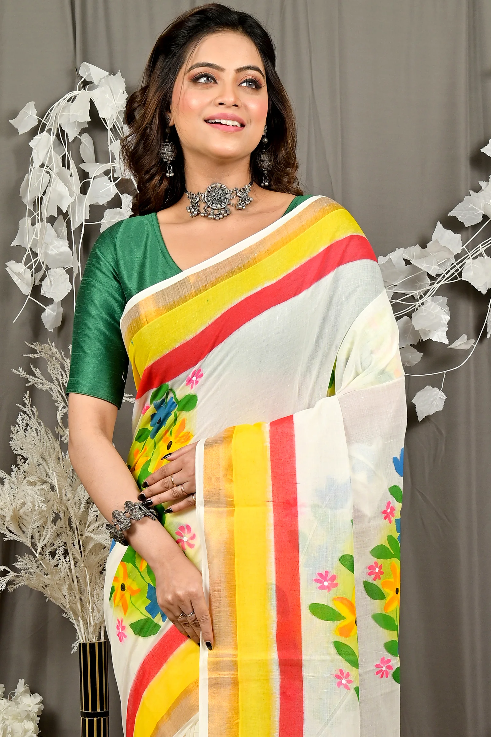 Multi-Coloured Pure Cotton Hataka Hand Painted Saree (9096)