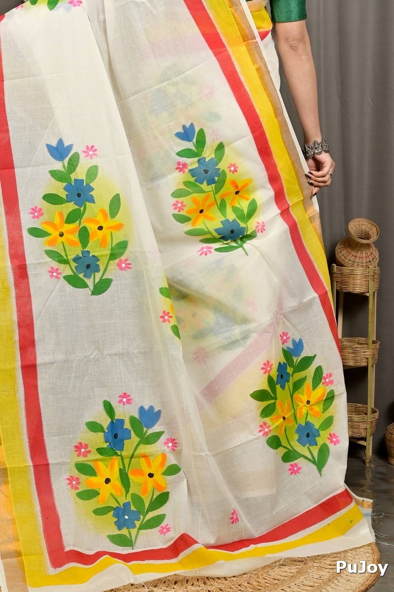 Multi-Coloured Pure Cotton Hataka Hand Painted Saree (9096)