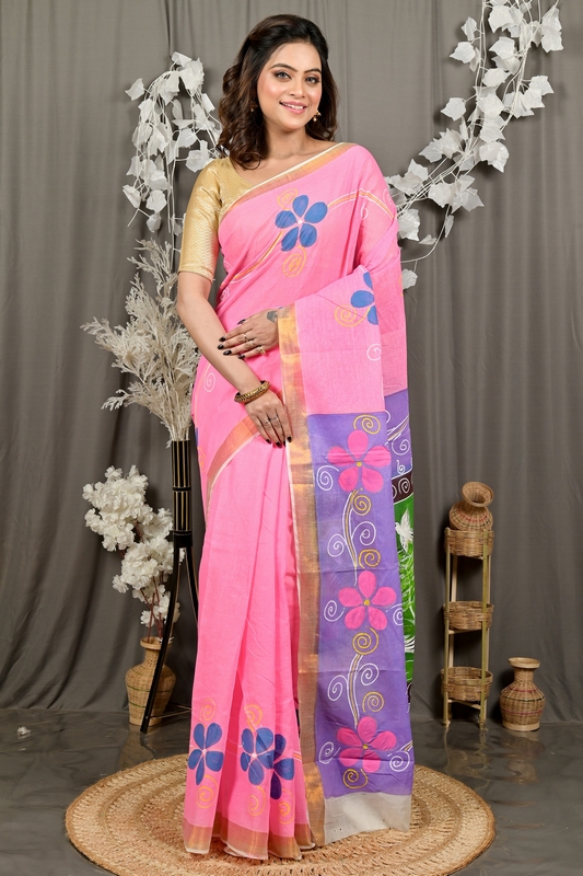 Pink Pure Cotton Hataka Hand Painted Saree (9097)
