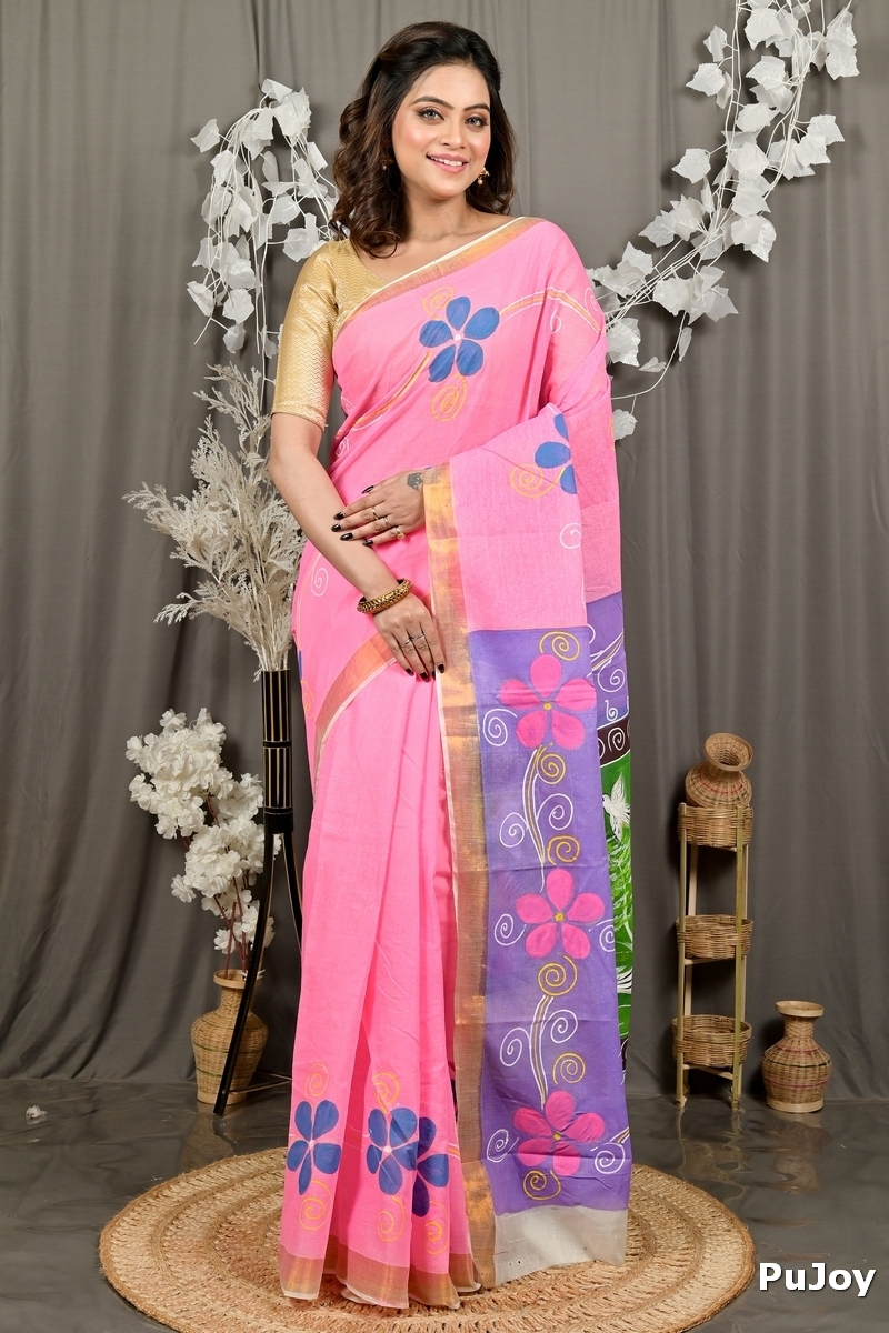 Pink Pure Cotton Hataka Hand Painted Saree (9097)
