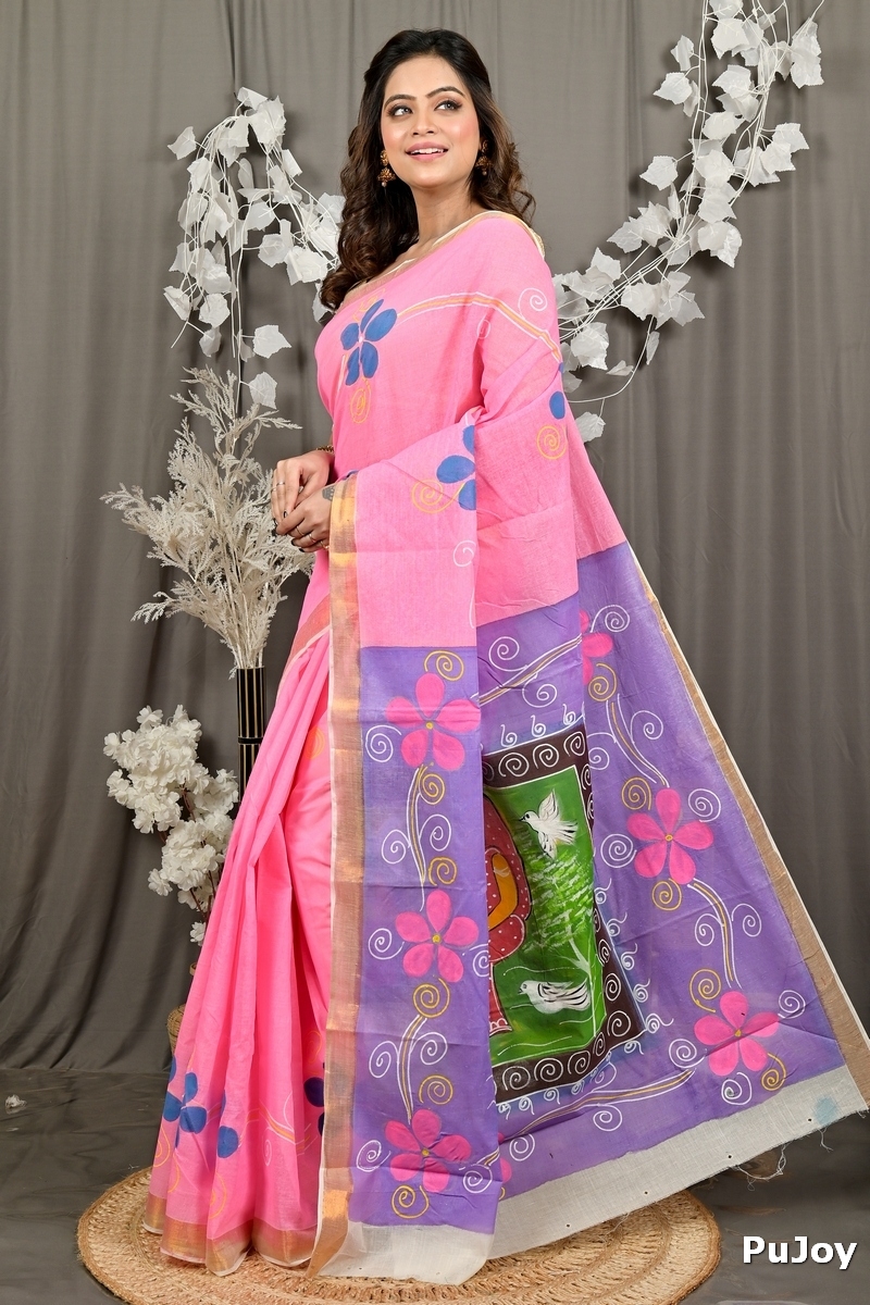 Pink Pure Cotton Hataka Hand Painted Saree (9097)