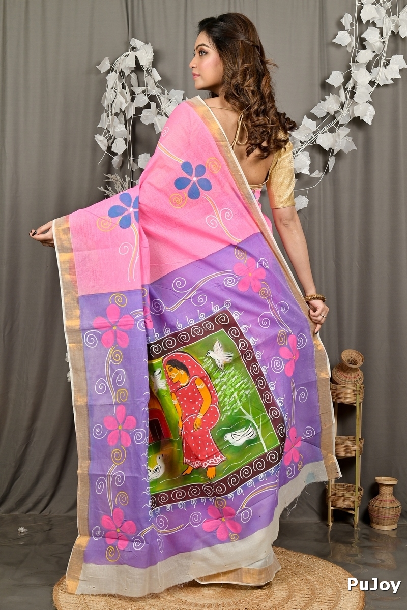 Pink Pure Cotton Hataka Hand Painted Saree (9097)