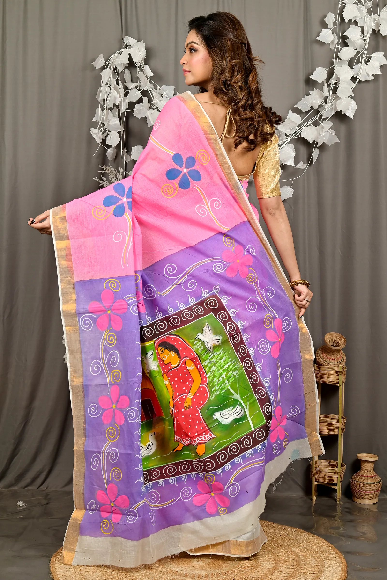 Pink Pure Cotton Hataka Hand Painted Saree (9097)