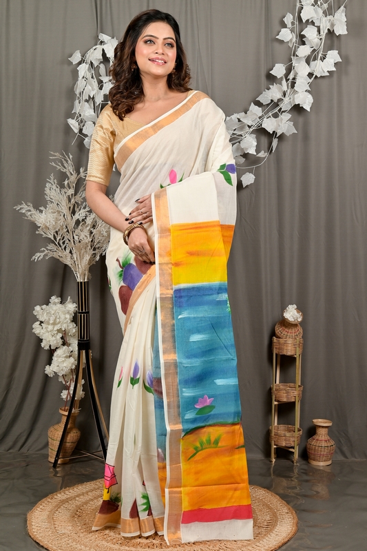 Multi-Coloured Pure Cotton Hataka Hand Painted Saree (9098)