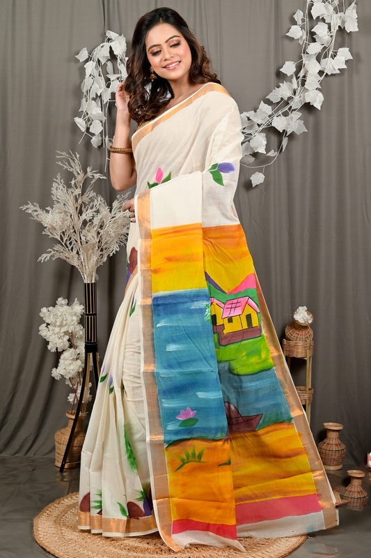 Multi-Coloured Pure Cotton Hataka Hand Painted Saree (9098)