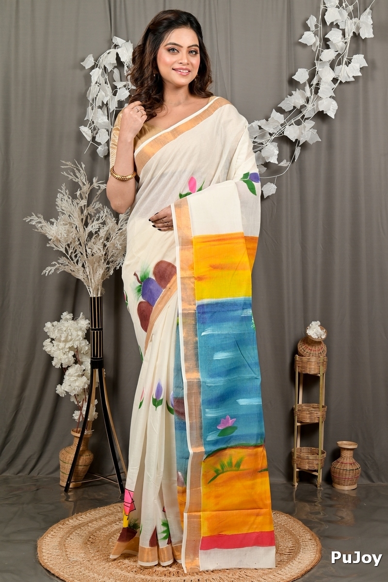 Multi-Coloured Pure Cotton Hataka Hand Painted Saree (9098)