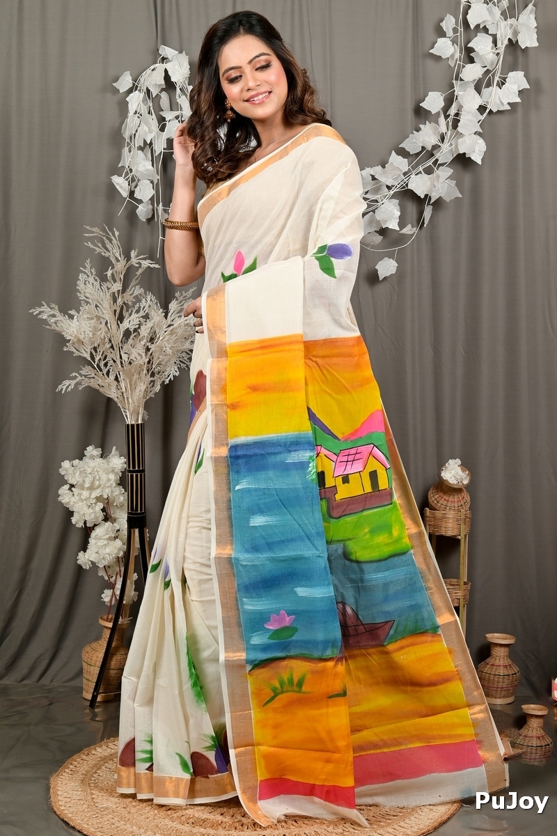 Multi-Coloured Pure Cotton Hataka Hand Painted Saree (9098)