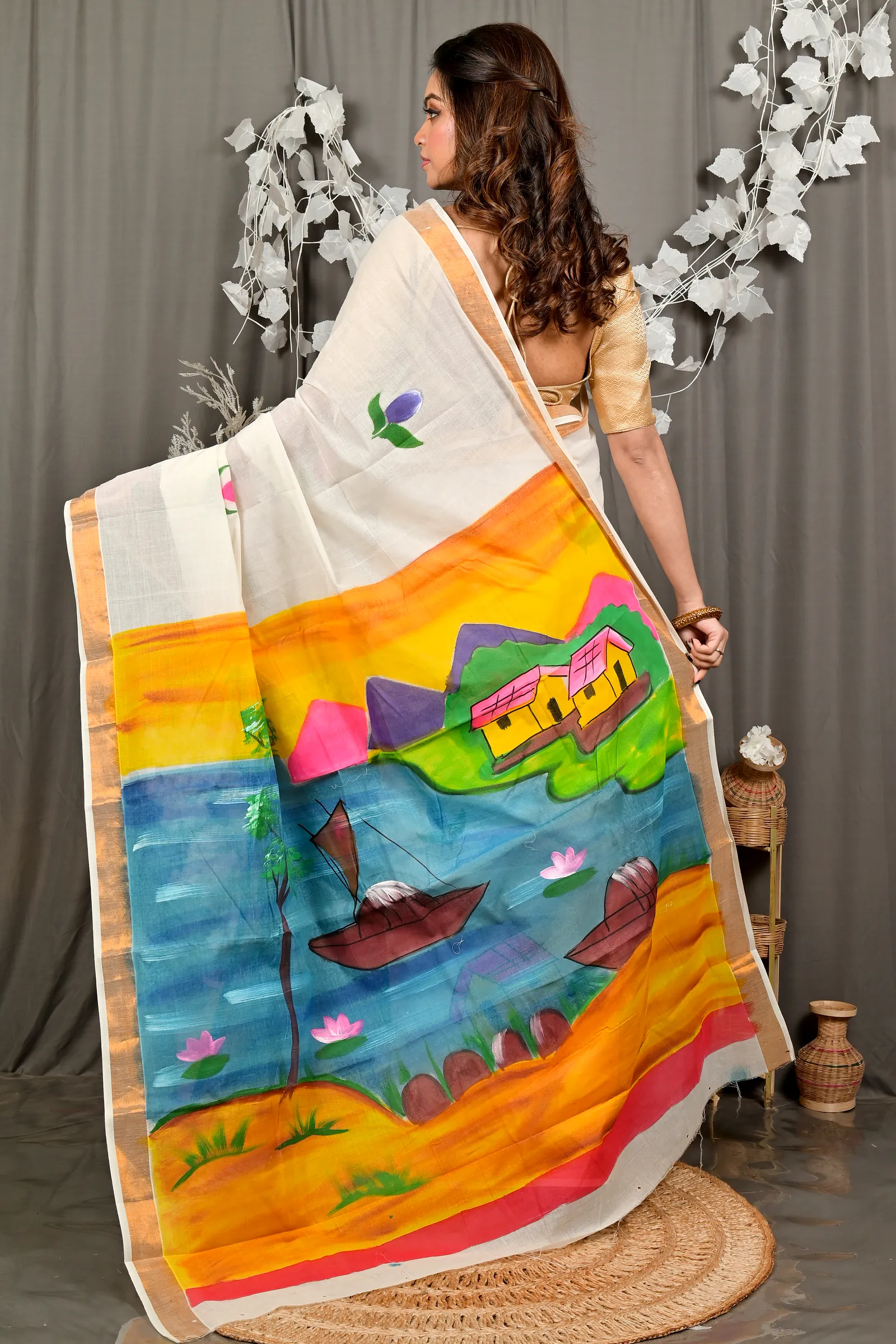 Multi-Coloured Pure Cotton Hataka Hand Painted Saree (9098)