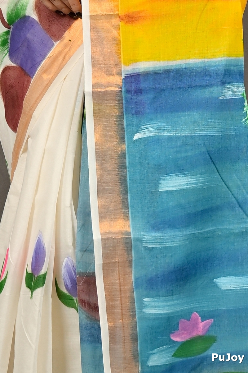 Multi-Coloured Pure Cotton Hataka Hand Painted Saree (9098)