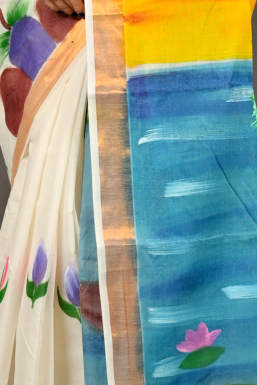 Multi-Coloured Pure Cotton Hataka Hand Painted Saree (9098)