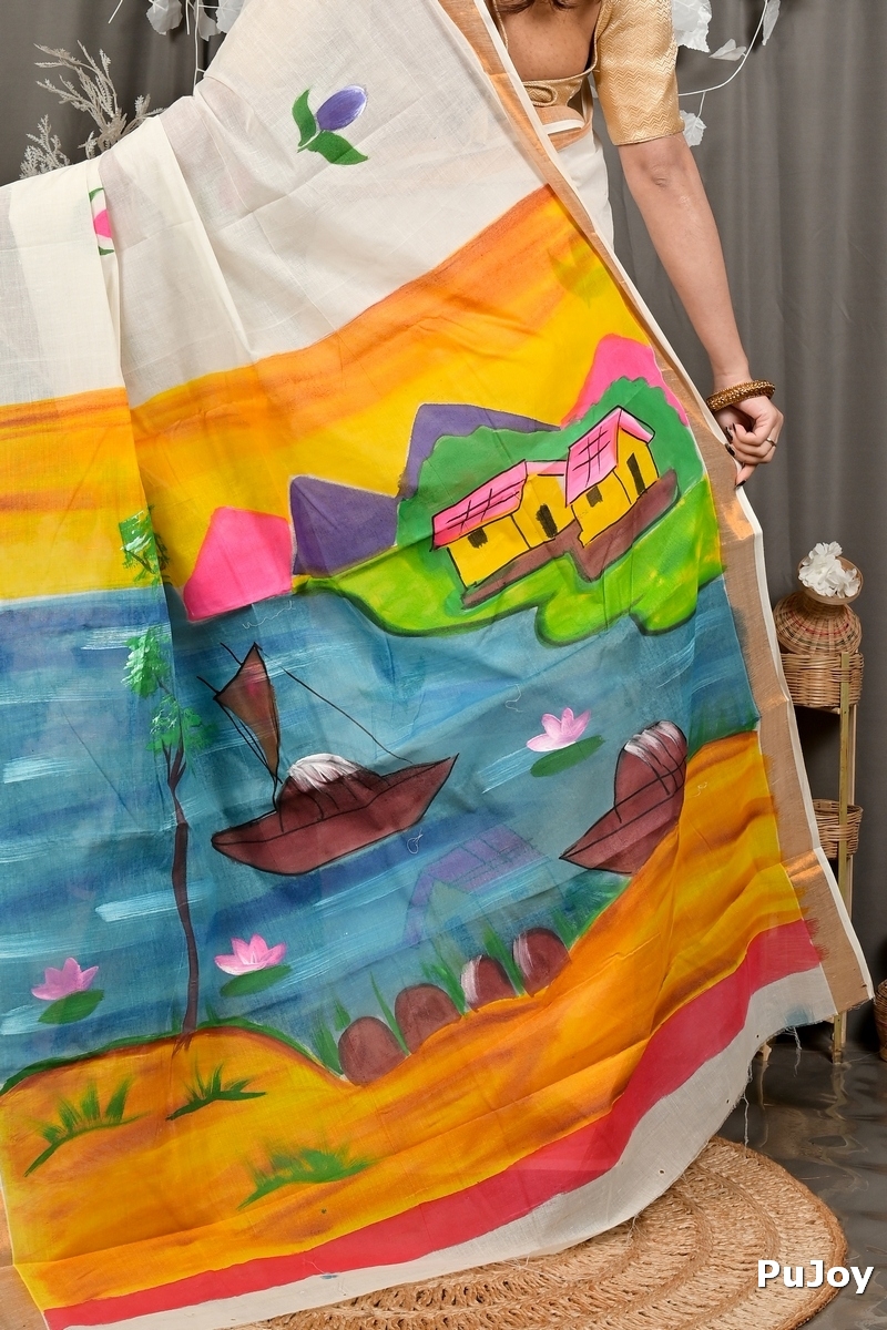 Multi-Coloured Pure Cotton Hataka Hand Painted Saree (9098)