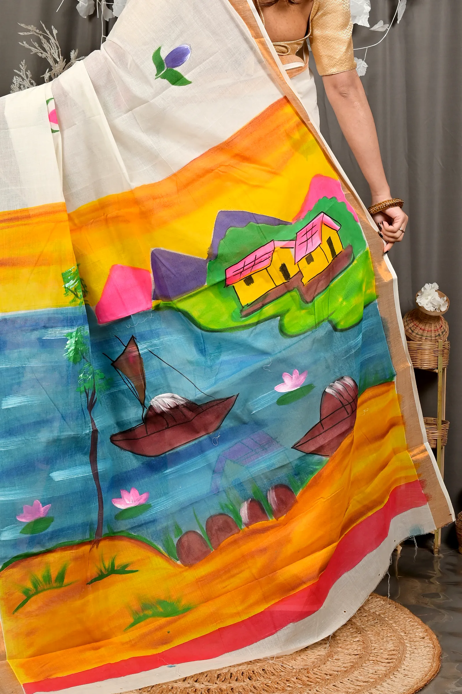 Multi-Coloured Pure Cotton Hataka Hand Painted Saree (9098)