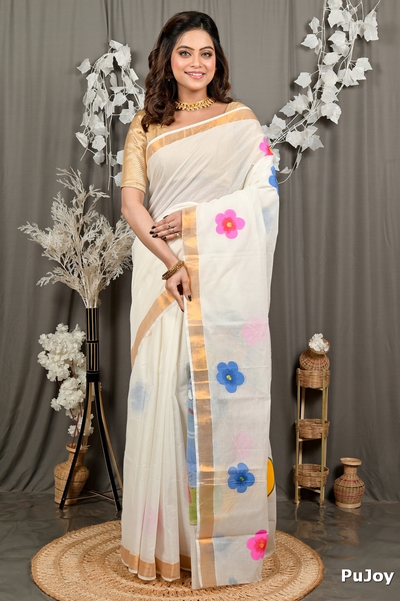 Multi-Coloured Pure Cotton Hataka Hand Painted Saree (9099)