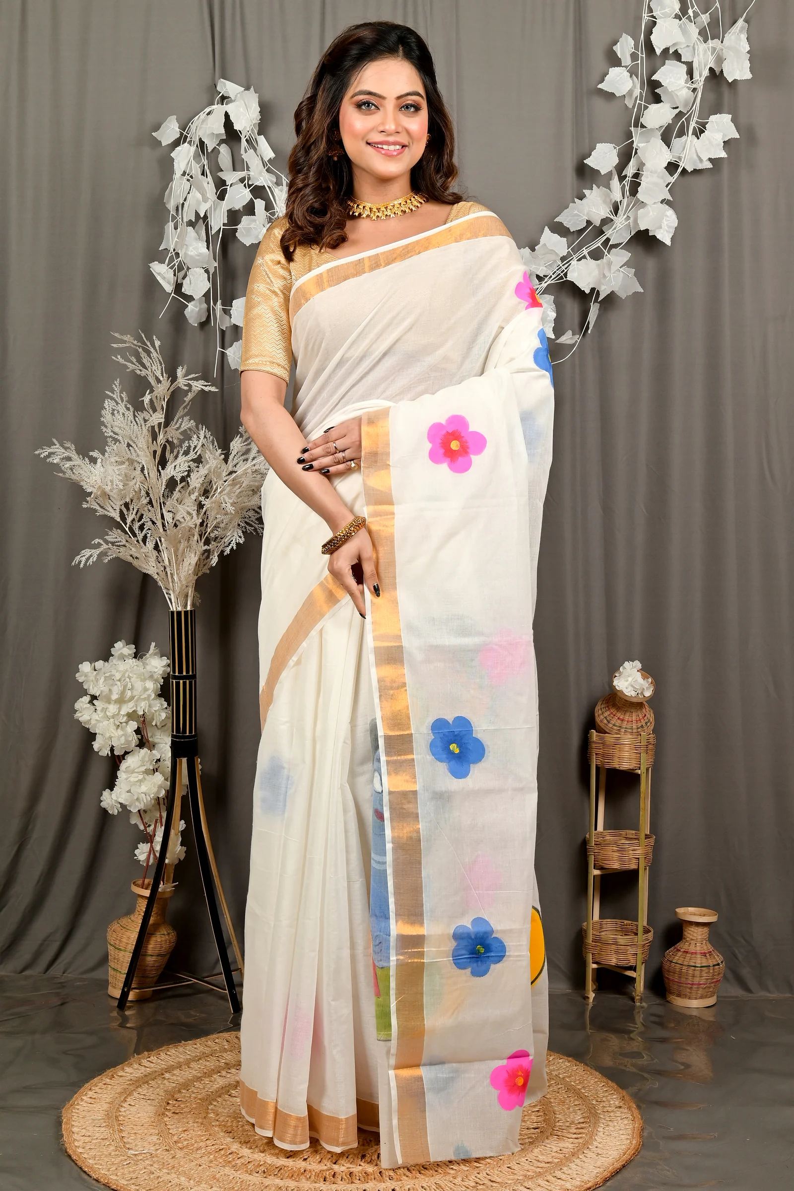 Multi-Coloured Pure Cotton Hataka Hand Painted Saree (9099)