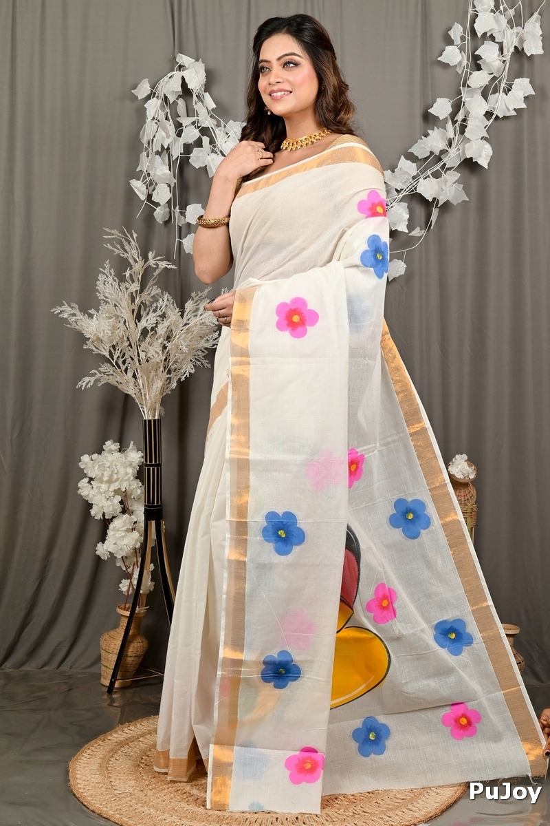 Multi-Coloured Pure Cotton Hataka Hand Painted Saree (9099)