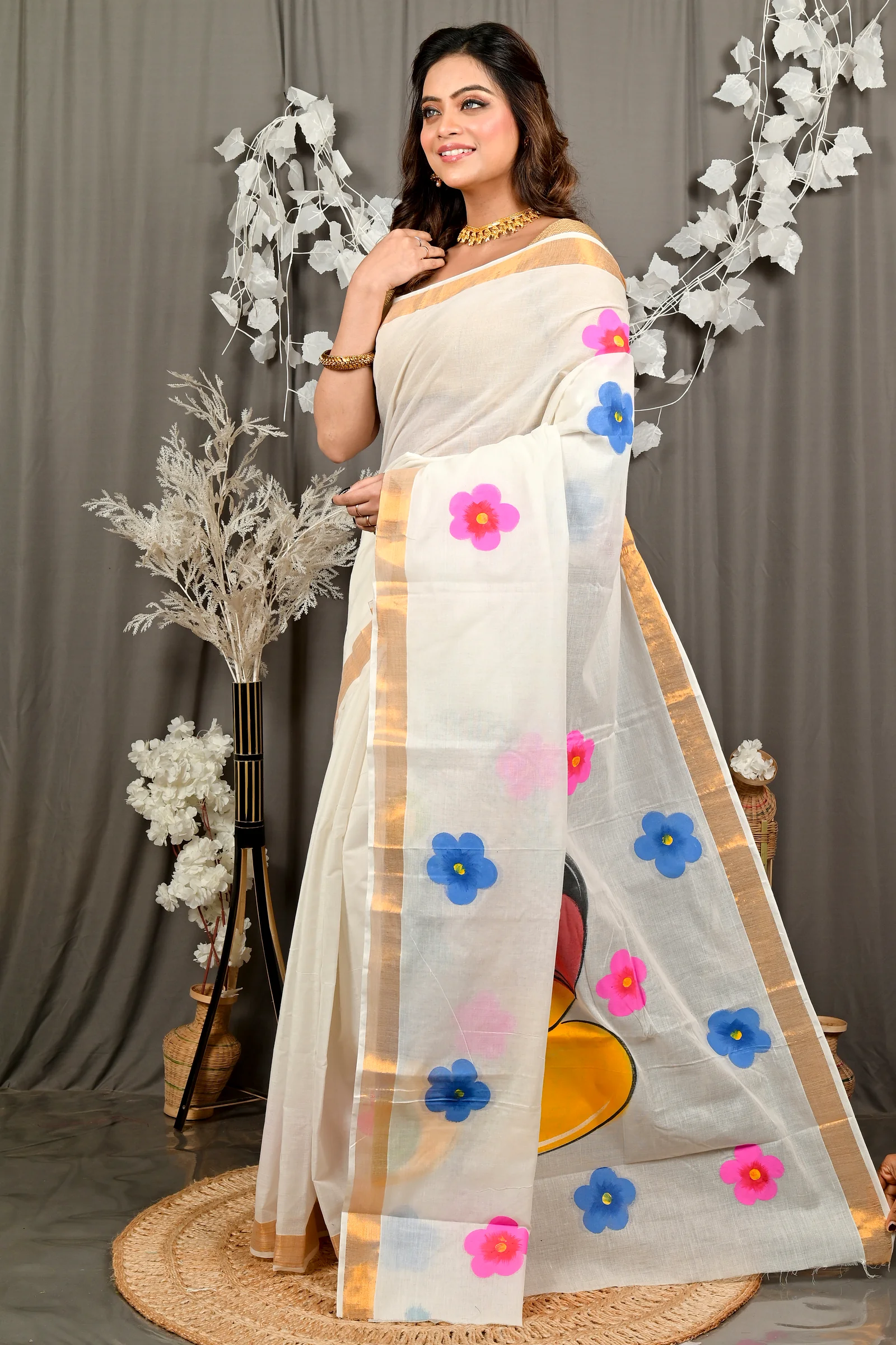 Multi-Coloured Pure Cotton Hataka Hand Painted Saree (9099)
