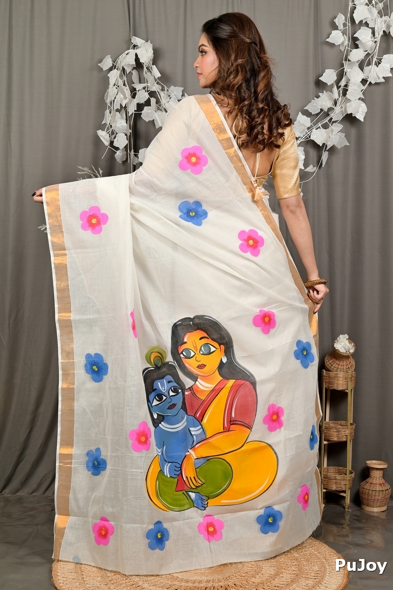 Multi-Coloured Pure Cotton Hataka Hand Painted Saree (9099)