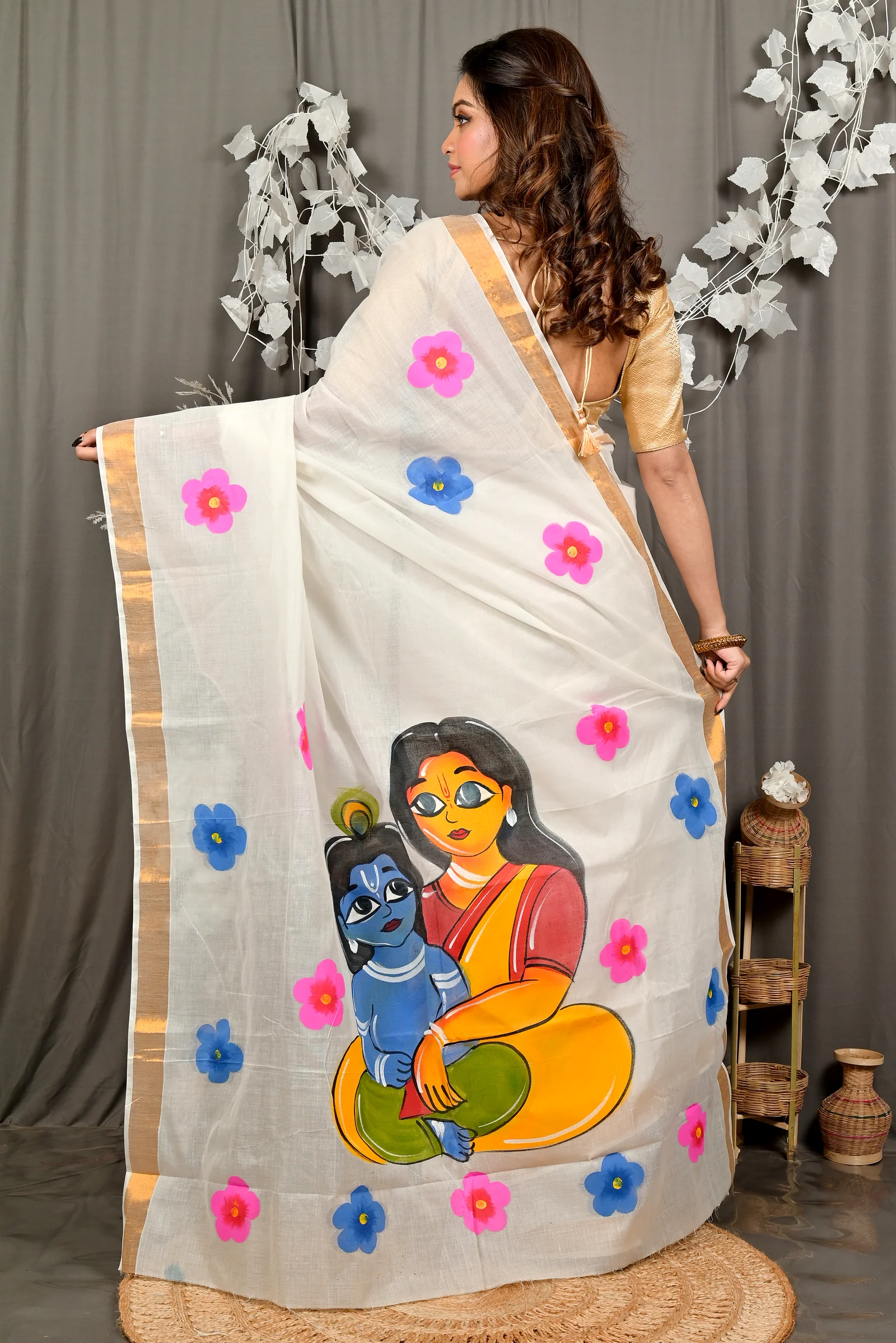Multi-Coloured Pure Cotton Hataka Hand Painted Saree (9099)