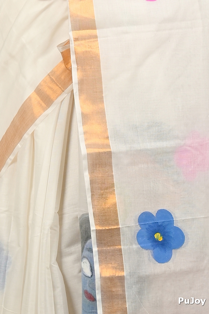 Multi-Coloured Pure Cotton Hataka Hand Painted Saree (9099)