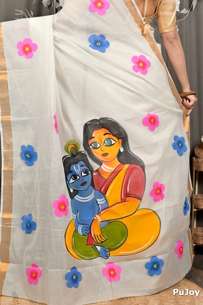 Multi-Coloured Pure Cotton Hataka Hand Painted Saree (9099)