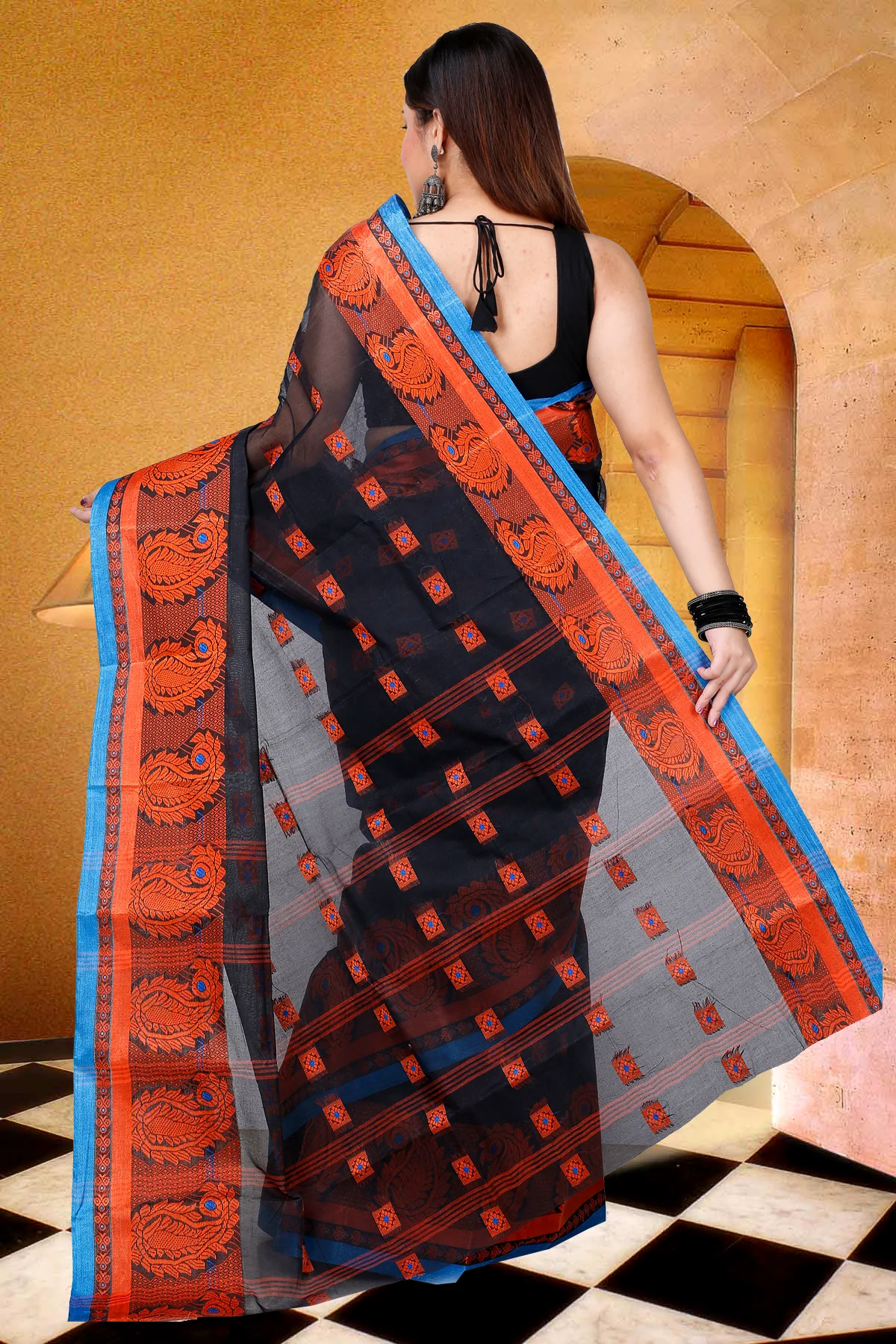 Black Pure Cotton Aloka Tant Saree (910)