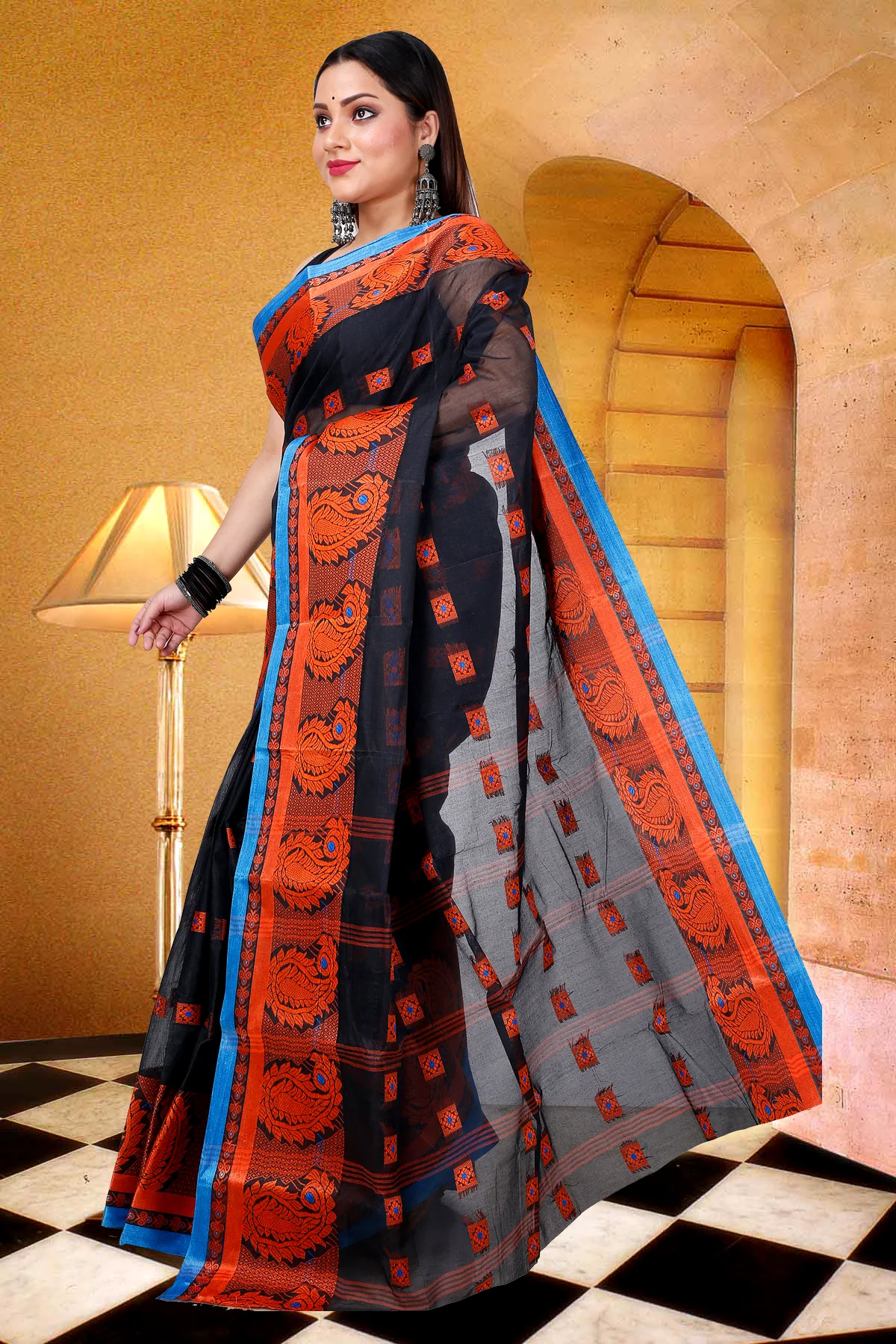 Black Pure Cotton Aloka Tant Saree (910)