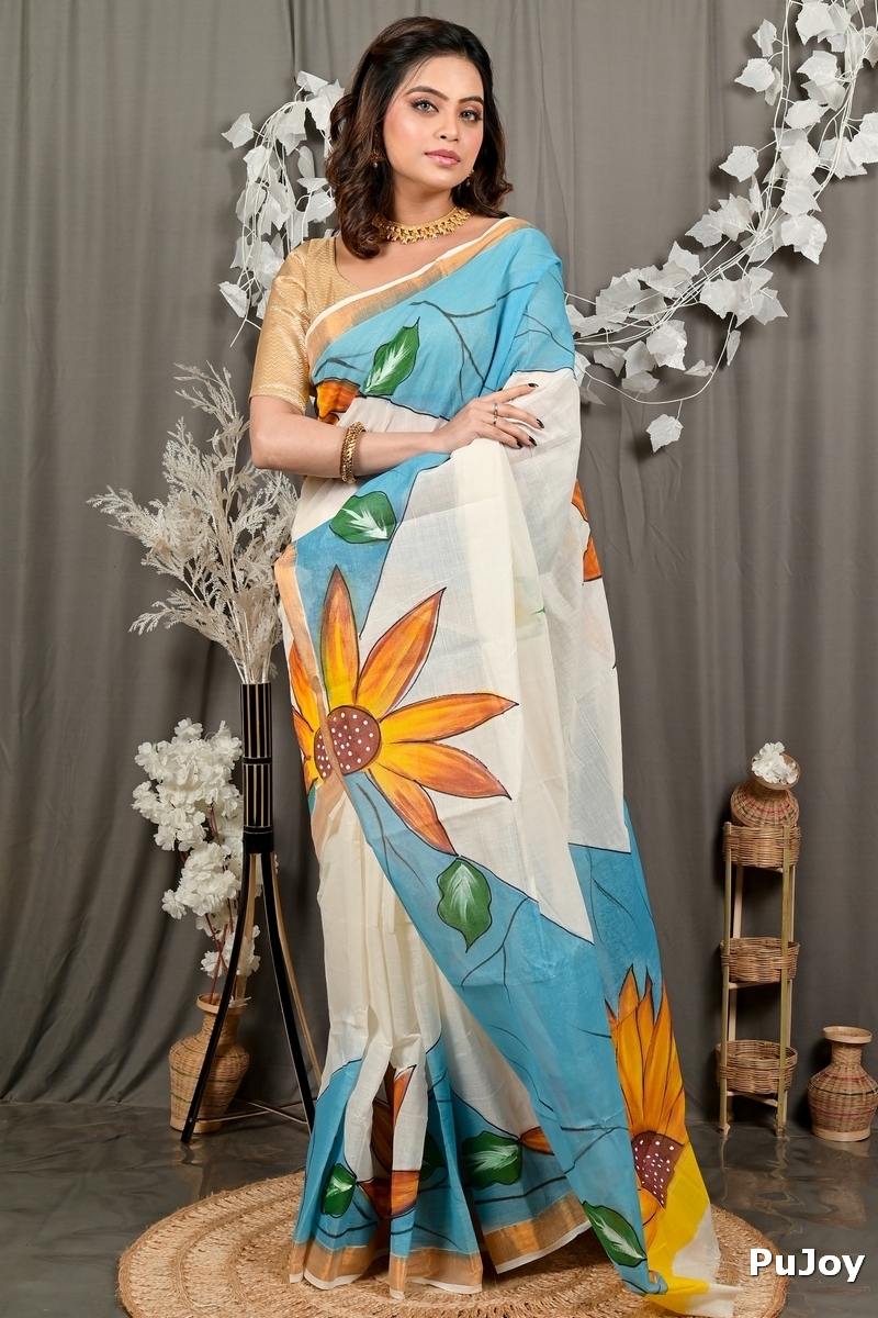 Multi-Coloured Pure Cotton Hataka Hand Painted Saree (9100)