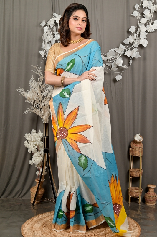 Multi-Coloured Pure Cotton Hataka Hand Painted Saree (9100)