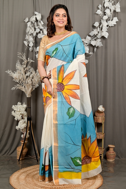 Multi-Coloured Pure Cotton Hataka Hand Painted Saree (9100)