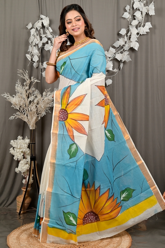 Multi-Coloured Pure Cotton Hataka Hand Painted Saree (9100)